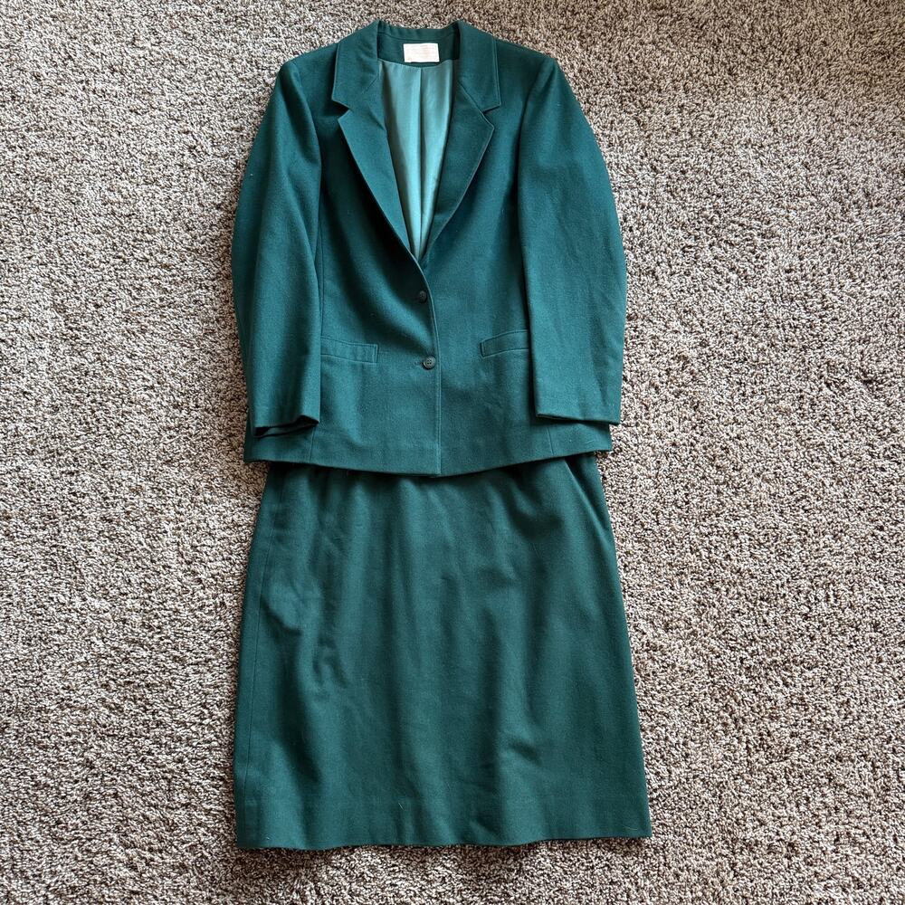Women's Vintage 80's Pendleton Dark Green Wool Full Suit Skirt Set Sz 12 Large